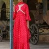 Red Cotton Jacquard Empire Ethnic Dress With Dupatta