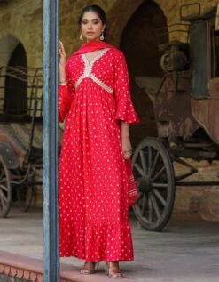 Red Cotton Jacquard Empire Ethnic Dress With Dupatta
