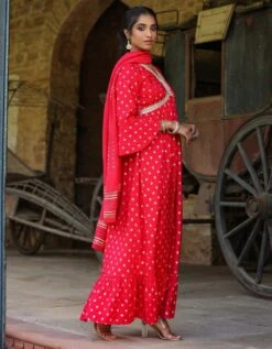 Red Cotton Jacquard Empire Ethnic Dress With Dupatta -ZAZU Clothing Shop 1764red3 1