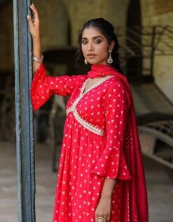 Red Cotton Jacquard Empire Ethnic Dress With Dupatta -ZAZU Clothing Shop 1764red4 1