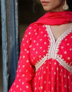 Red Cotton Jacquard Empire Ethnic Dress With Dupatta -ZAZU Clothing Shop 1764red5 1