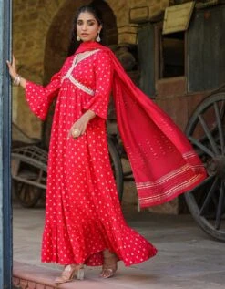 Red Cotton Jacquard Empire Ethnic Dress With Dupatta -ZAZU Clothing Shop 1764red6 1