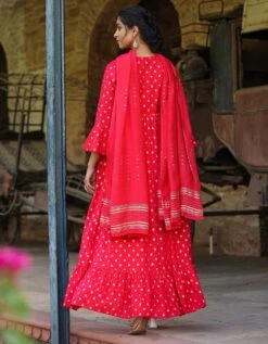 Red Cotton Jacquard Empire Ethnic Dress With Dupatta -ZAZU Clothing Shop 1764red7 1