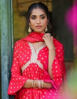 Red Cotton Jacquard Empire Ethnic Dress With Dupatta -ZAZU Clothing Shop 1764redb 1