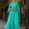 Turquoise Cotton Jacquard Empire Ethnic Dress With Dupatta 2 Turquoise Cotton Jacquard Empire Ethnic Dress With Dupatta -ZAZU Clothing Shop 1764turqouise1 1