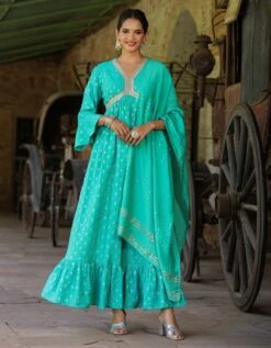 Turquoise Cotton Jacquard Empire Ethnic Dress With Dupatta