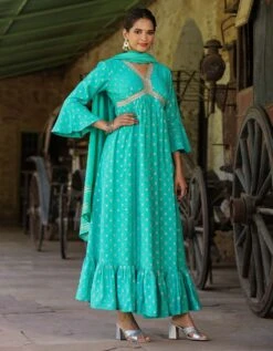 Turquoise Cotton Jacquard Empire Ethnic Dress With Dupatta 12 Turquoise Cotton Jacquard Empire Ethnic Dress With Dupatta -ZAZU Clothing Shop 1764turqouise3 1