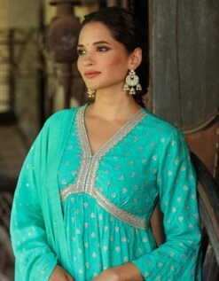 Turquoise Cotton Jacquard Empire Ethnic Dress With Dupatta 13 Turquoise Cotton Jacquard Empire Ethnic Dress With Dupatta -ZAZU Clothing Shop 1764turqouise4 1