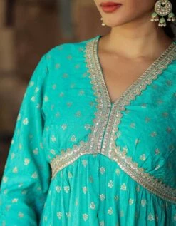 Turquoise Cotton Jacquard Empire Ethnic Dress With Dupatta 14 Turquoise Cotton Jacquard Empire Ethnic Dress With Dupatta -ZAZU Clothing Shop 1764turqouise5 1