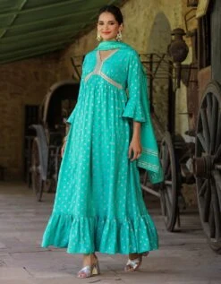 Turquoise Cotton Jacquard Empire Ethnic Dress With Dupatta 15 Turquoise Cotton Jacquard Empire Ethnic Dress With Dupatta -ZAZU Clothing Shop 1764turqouise6 1