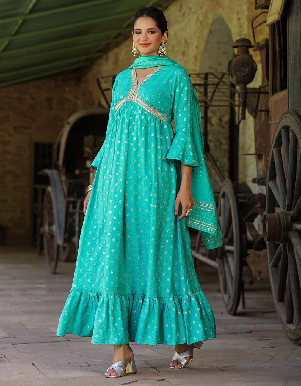 Turquoise Cotton Jacquard Empire Ethnic Dress With Dupatta 8 Turquoise Cotton Jacquard Empire Ethnic Dress With Dupatta - Image 6