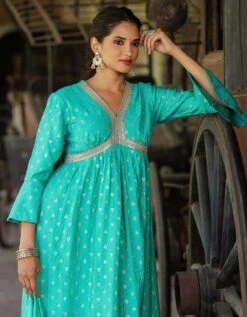 Turquoise Cotton Jacquard Empire Ethnic Dress With Dupatta 17 Turquoise Cotton Jacquard Empire Ethnic Dress With Dupatta -ZAZU Clothing Shop 1764turqouiseb 1