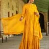 Mustard Cotton Jacquard Embellished Tiered Ethnic Dress With Dupatta -ZAZU Clothing Shop 1765mustard1 1