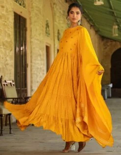 Mustard Cotton Jacquard Embellished Tiered Ethnic Dress With Dupatta -ZAZU Clothing Shop 1765mustard3 1