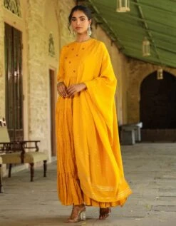Mustard Cotton Jacquard Embellished Tiered Ethnic Dress With Dupatta -ZAZU Clothing Shop 1765mustard5 1
