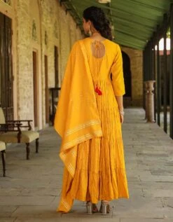 Mustard Cotton Jacquard Embellished Tiered Ethnic Dress With Dupatta -ZAZU Clothing Shop 1765mustard6 1