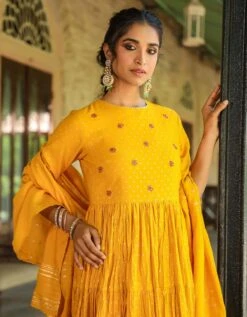 Mustard Cotton Jacquard Embellished Tiered Ethnic Dress With Dupatta -ZAZU Clothing Shop 1765mustardb 1