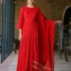 Red Cotton Jacquard Embellished Tiered Ethnic Dress With Dupatta -ZAZU Clothing Shop 1765red1 1