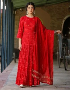 Red Cotton Jacquard Embellished Tiered Ethnic Dress With Dupatta