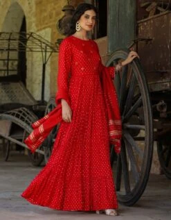 Red Cotton Jacquard Embellished Tiered Ethnic Dress With Dupatta -ZAZU Clothing Shop 1765red3 1