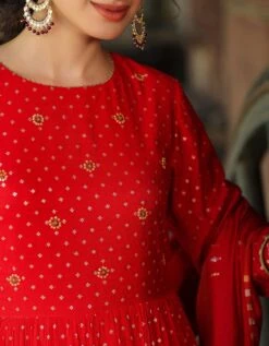Red Cotton Jacquard Embellished Tiered Ethnic Dress With Dupatta -ZAZU Clothing Shop 1765red4 1