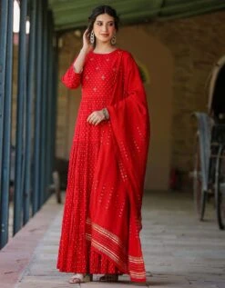 Red Cotton Jacquard Embellished Tiered Ethnic Dress With Dupatta -ZAZU Clothing Shop 1765red5 1