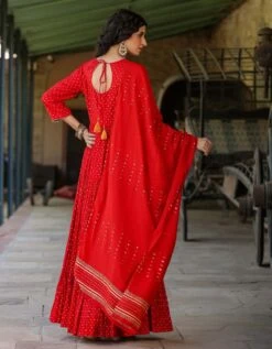 Red Cotton Jacquard Embellished Tiered Ethnic Dress With Dupatta -ZAZU Clothing Shop 1765red6 1