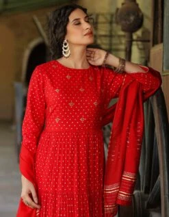 Red Cotton Jacquard Embellished Tiered Ethnic Dress With Dupatta -ZAZU Clothing Shop 1765redb 1