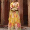 Yellow Chinon Silk Floral Print Gathered Ethnic Dress With Net Embellished Dupatta -ZAZU Clothing Shop 1797yellow1