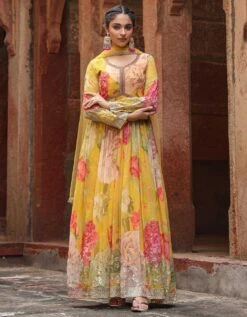 Yellow Chinon Silk Floral Print Gathered Ethnic Dress With Net Embellished Dupatta