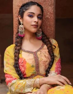 Yellow Chinon Silk Floral Print Gathered Ethnic Dress With Net Embellished Dupatta -ZAZU Clothing Shop 1797yellowb