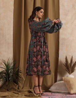 Aparajita- Blue Black Patchwork Floral Dress -ZAZU Clothing Shop 23100032