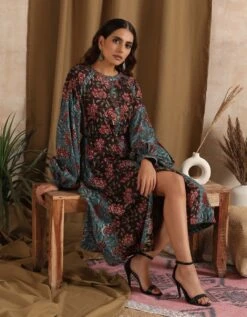 Aparajita- Blue Black Patchwork Floral Dress -ZAZU Clothing Shop 23100033