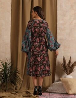 Aparajita- Blue Black Patchwork Floral Dress -ZAZU Clothing Shop 23100034