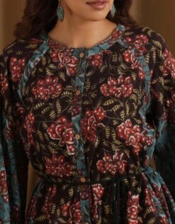 Aparajita- Blue Black Patchwork Floral Dress -ZAZU Clothing Shop 23100035