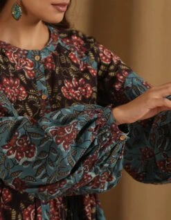 Aparajita- Blue Black Patchwork Floral Dress -ZAZU Clothing Shop 23100036