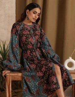 Aparajita- Blue Black Patchwork Floral Dress -ZAZU Clothing Shop 2310003b