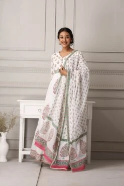 White Block Prined Long Maxi Dress With Dupatta -ZAZU Clothing Shop 2 64271