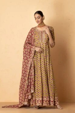Mehndi Green Abstract Printed Maxi Dress With Printed Dupatta -ZAZU Clothing Shop 2 64286