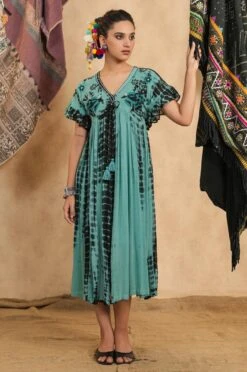 Light Green Tie-Dye Viscose Georgette Embroidery Dress