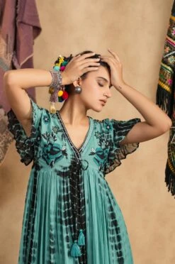 Light Green Tie-Dye Viscose Georgette Embroidery Dress -ZAZU Clothing Shop 2ss23a0369lightgreenb