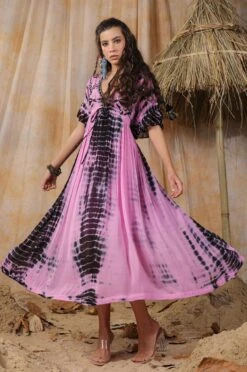 Pink Tie-Dye Viscose Georgette Embroidery Dress -ZAZU Clothing Shop 2ss23a0369pink4