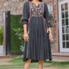 Black Rayon Crepe Silver Lurex Embroidered Midi Dress -ZAZU Clothing Shop 2ss23a0454black1