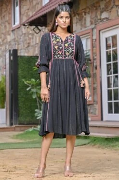 Black Rayon Crepe Silver Lurex Embroidered Midi Dress