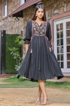 Black Rayon Crepe Silver Lurex Embroidered Midi Dress -ZAZU Clothing Shop 2ss23a0454black3