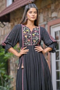 Black Rayon Crepe Silver Lurex Embroidered Midi Dress -ZAZU Clothing Shop 2ss23a0454black4