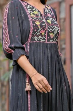 Black Rayon Crepe Silver Lurex Embroidered Midi Dress -ZAZU Clothing Shop 2ss23a0454black5