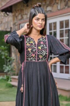 Black Rayon Crepe Silver Lurex Embroidered Midi Dress -ZAZU Clothing Shop 2ss23a0454black6