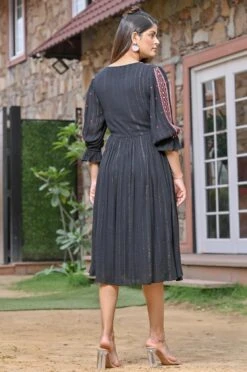 Black Rayon Crepe Silver Lurex Embroidered Midi Dress -ZAZU Clothing Shop 2ss23a0454black7