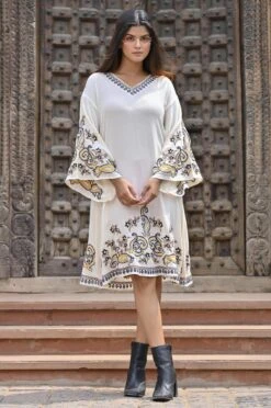 White Rayon Crepe Embroidered Short Dress